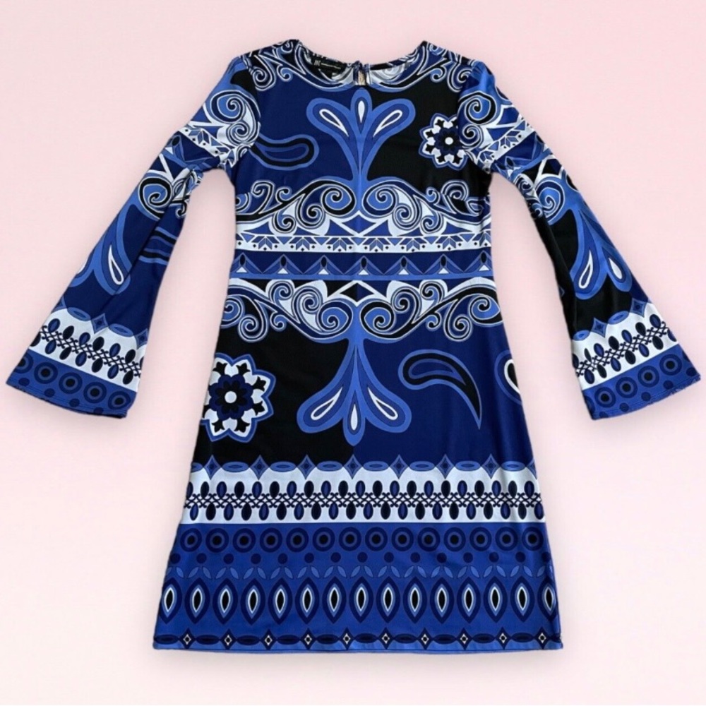 INC International Concepts Shift Dress | Bell Sleeves | Black, White & Blue